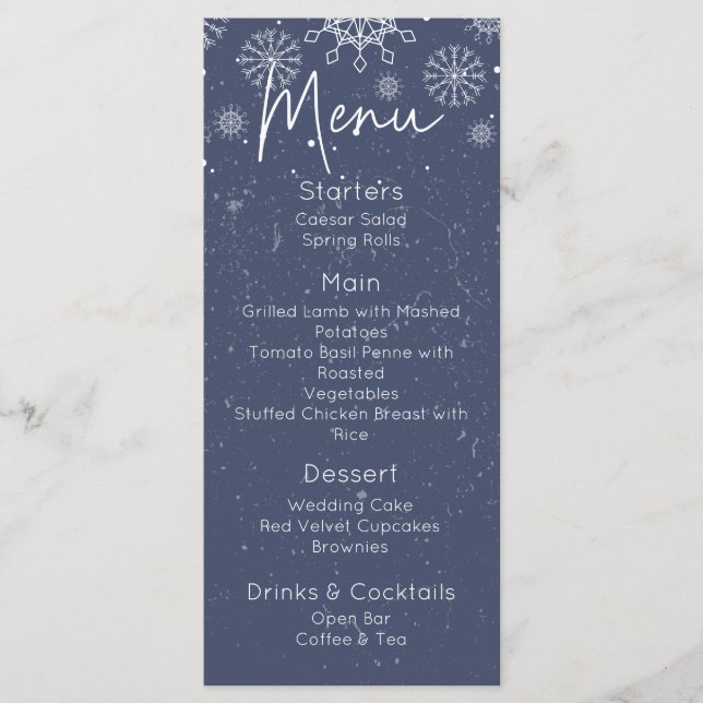 Menu Cardápio de Casamento Temático de Inverno Floco de (Frente)