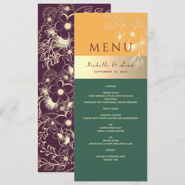 Menu Cardápio de Casamento Tons Joia (Frente/Verso)