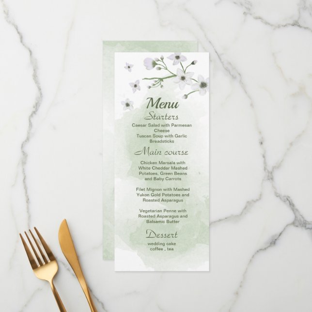 Menu cardápio de casamento verde com flores brancas (Frente/Verso In Situ)
