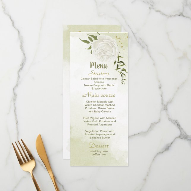 Menu cardápio de casamento verde com flores brancas (Frente/Verso In Situ)
