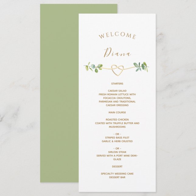 Menu Cardápio de Casamento Verde com Nome do Convidado (Frente/Verso)