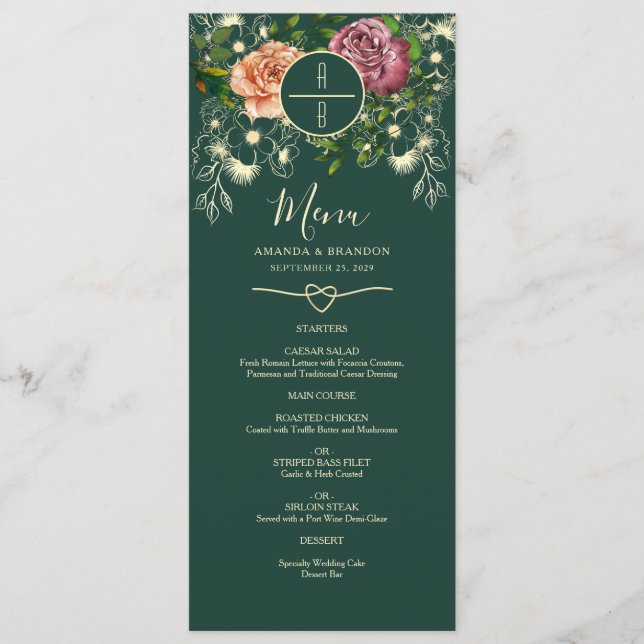 Menu Cardápio de Casamento Verde Esmeralda Floral (Frente)