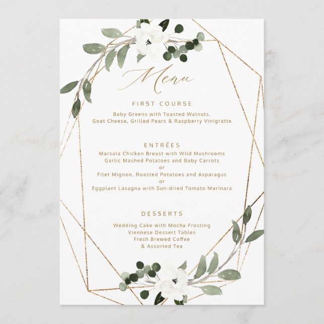 Menu Cardápio de Casamento Verde Geométrico Dourado (Frente)