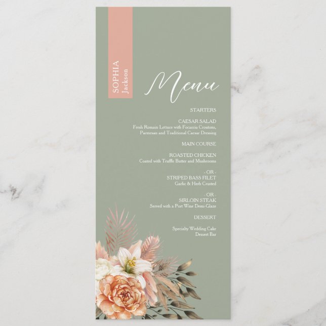 Menu Cardápio de Casamento Verde Salvia com Nome do Con (Frente)