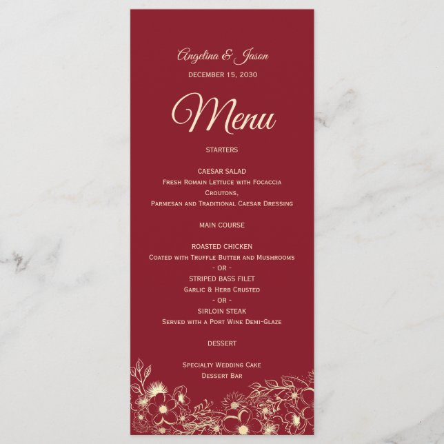 Menu Cardápio de Casamento Vermelho Floral Elegante (Frente)