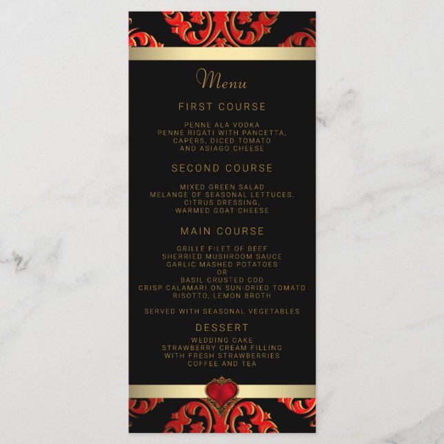 Menu Cardápio de Casamento Vermelho Preto e Dourado (Frente)
