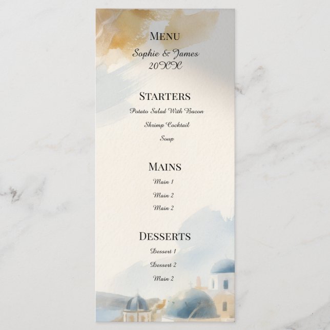 Menu Cardápio de Casamento Watercolour Santorini (Frente)