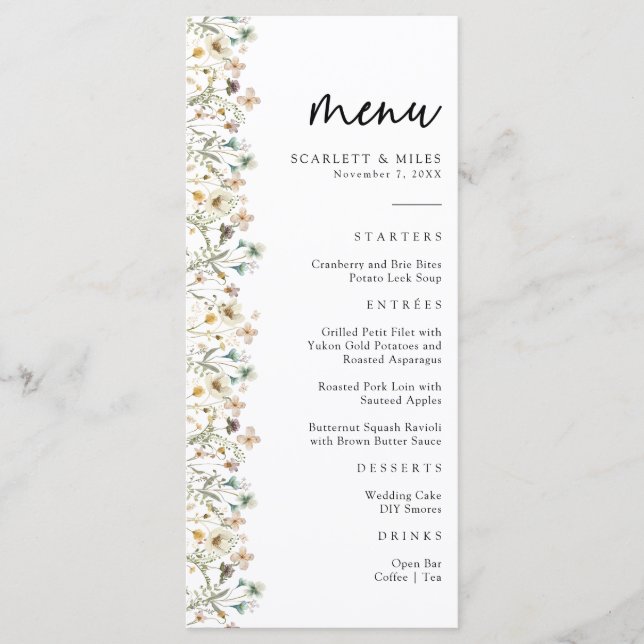 Menu Cardápio de Casamento Wildflower (Frente)