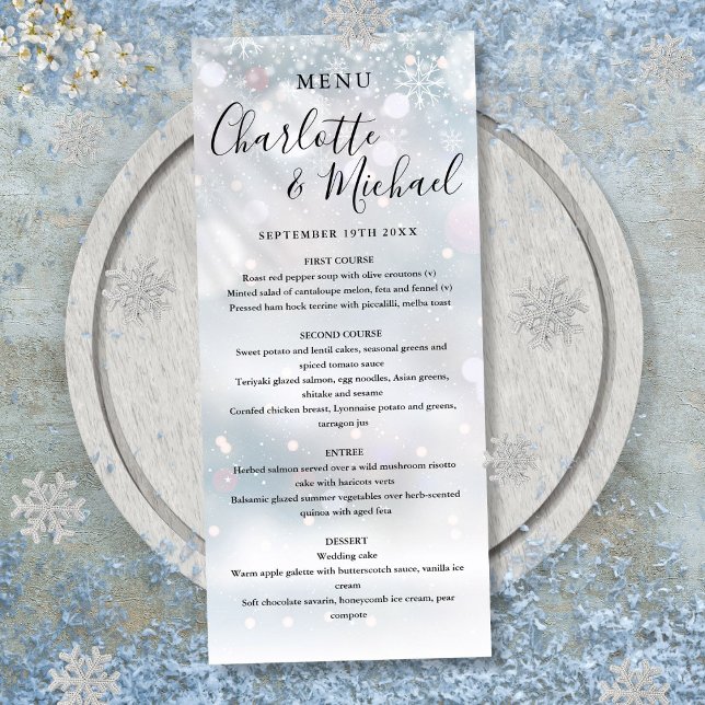 Menu Cardápio de Casamento Winter Snowflakes Signature  (Winter Snowflakes Signature Script Wedding Menu)