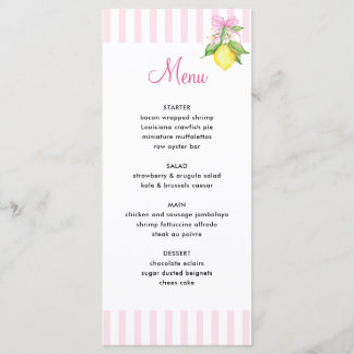 Menu Cardápio de Chá de Bebê Coquette Pink Lemons