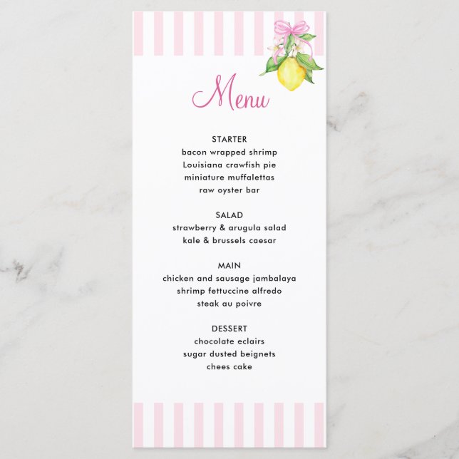 Menu Cardápio de Chá de Bebê Coquette Pink Lemons (Frente)