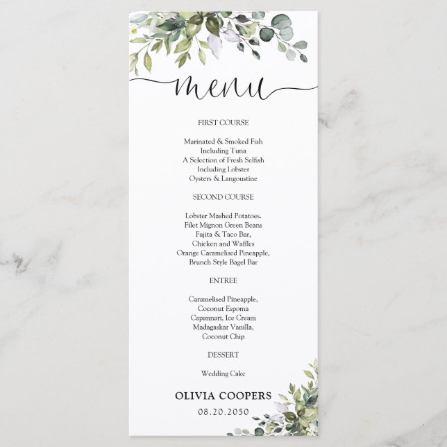 Menu Cardápio de Chá de Bebê Elegante com Folhagens (Frente)