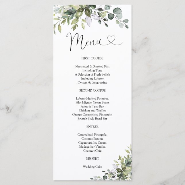 Menu Cardápio de Chá de Bebê Elegante com Folhagens (Frente)