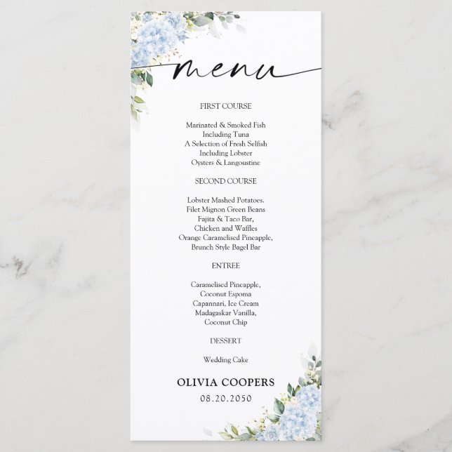 Menu Cardápio de Chá de Bebê Floral Hortênsia Azul (Frente)
