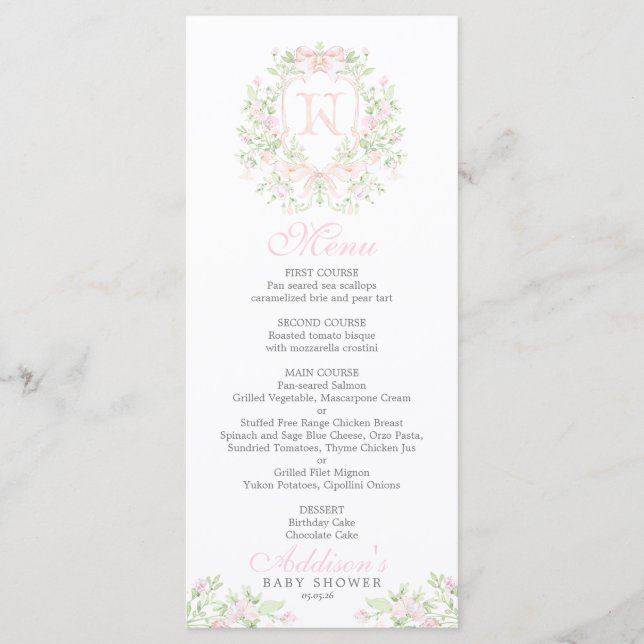Menu Cardápio de Chá de Bebê Preppy Crest (Frente)
