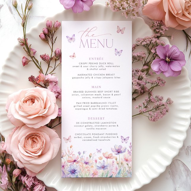 Menu Cardápio de Chá de Noiva Borboletas ao Longo da Vi (Here's to a lifetime of butterflies! Pastel floral butterfly Bridal Shower menu)