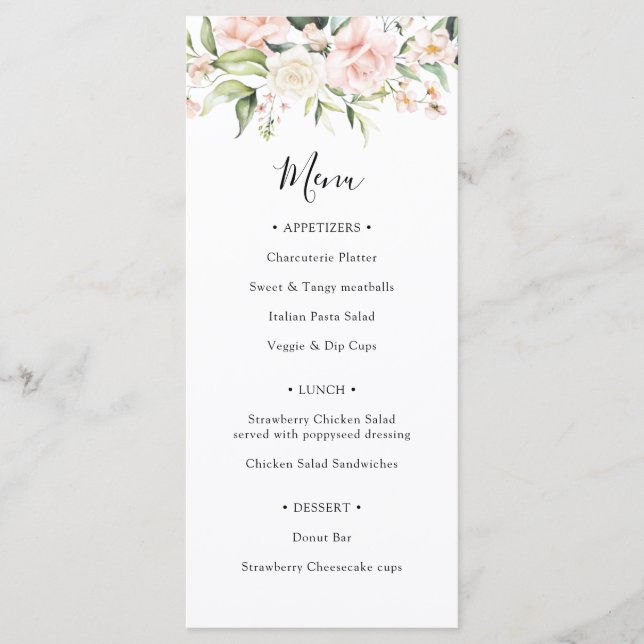 Menu Cardápio de Chá de Noiva com Rosado e Folhagens (Frente)