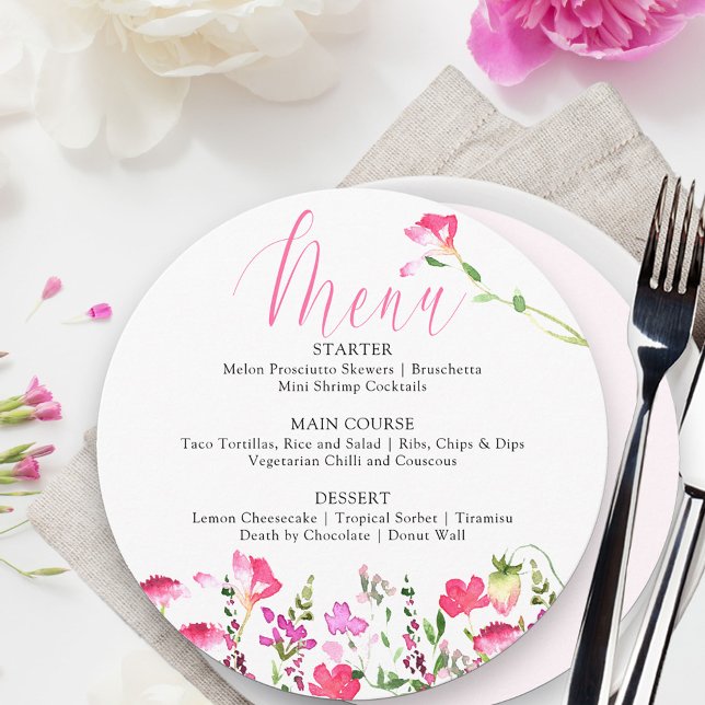 Menu Cardápio de Chuveiro de Noiva Bonito com Flor Silv (Fully editable menu from my pink wildflower collection)