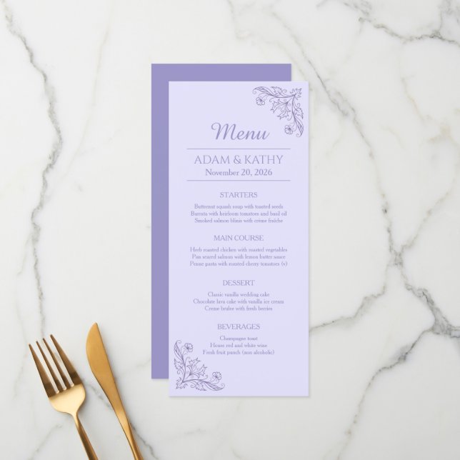 Menu Cardápio de Comida de Casamento de Lavanda Floral  (Frente/Verso In Situ)