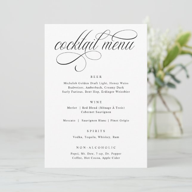 Menu Cardápio de Coquetel de Luxo com Caligrafia Elegan (Em pé/Frente)