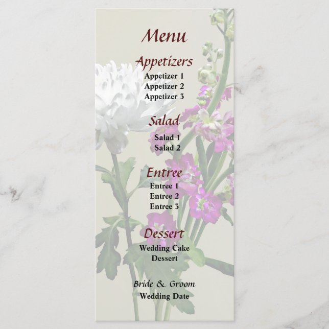 Menu Cardápio de Crisântemo Branco e Boca-de-Leão Roxa (Frente)