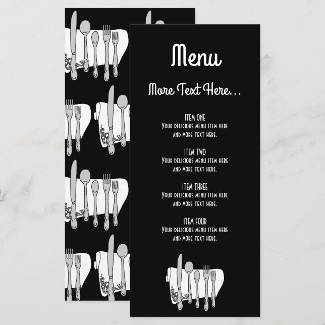 Menu Cardápio de Design de Talheres Preto e Branco 4x9  (Frente/Verso)