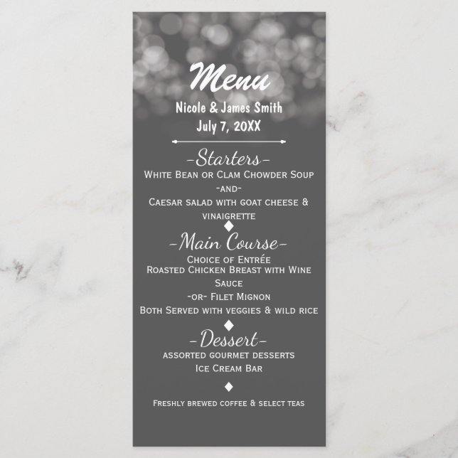 Menu Cardápio de Festa Glam Elegante com Luzes Mínimas  (Frente)