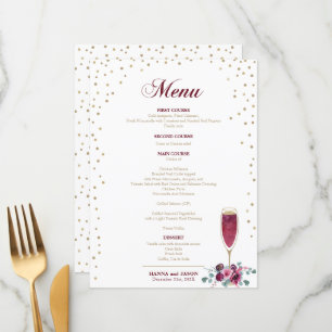 Menu Cardápio de Flores burgundy com brilho em Dourado 