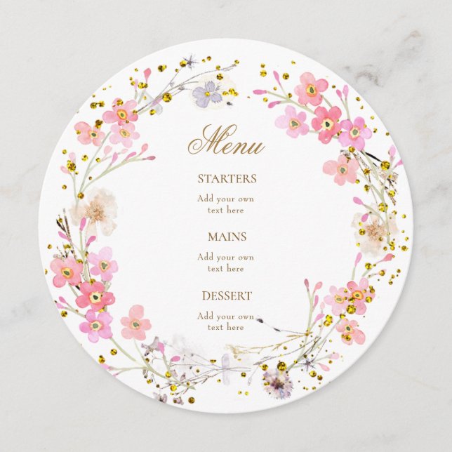 Menu cardápio de guirlanda de flores rosa em aquarela (Frente)