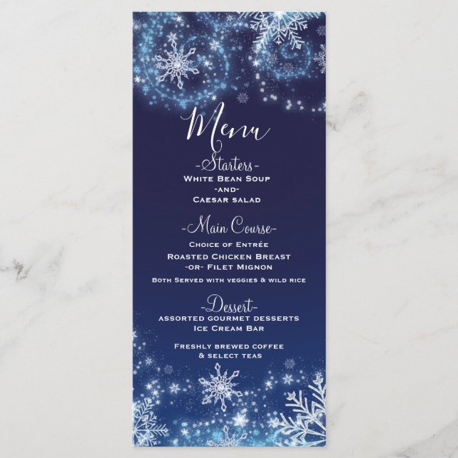 Menu Cardápio de Inverno Azul e Branco com Flocos de Ne (Frente)