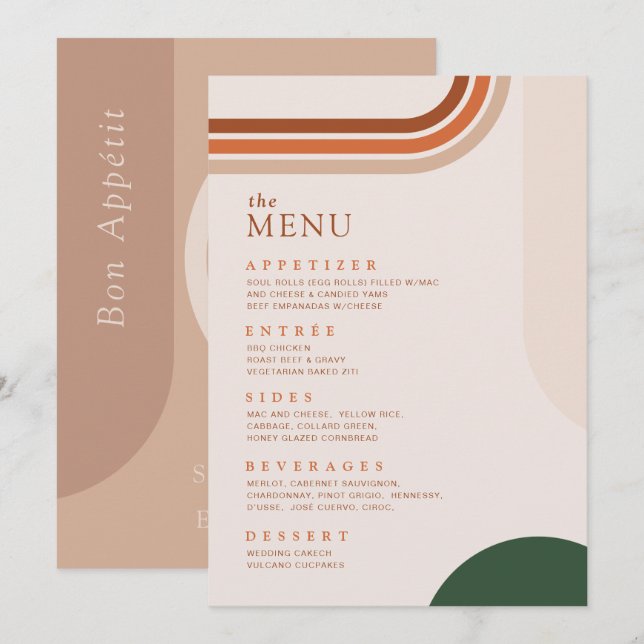 Menu Cardápio de Jantar Bege Terracota Rust Boho Arch (Frente/Verso)