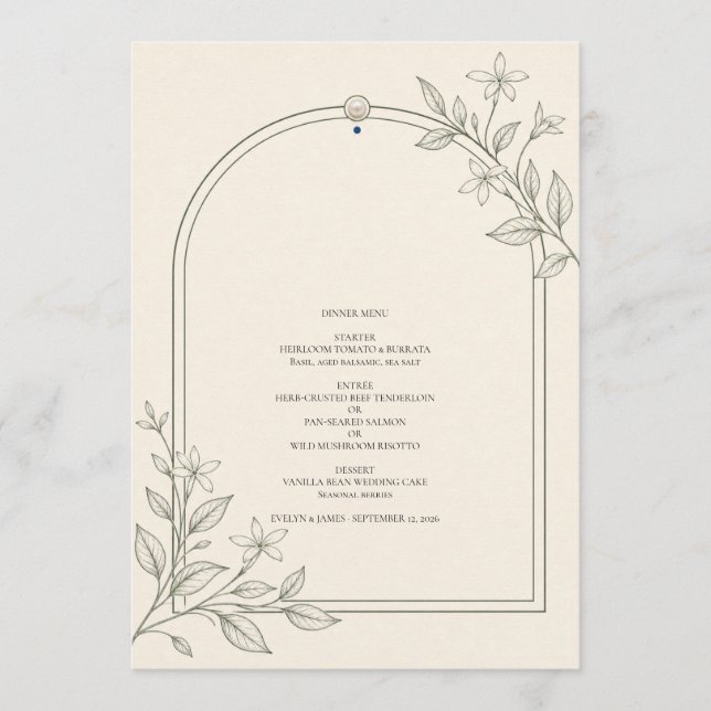 Menu Cardápio de Jantar de Casamento com Arco Botânico  (Frente)