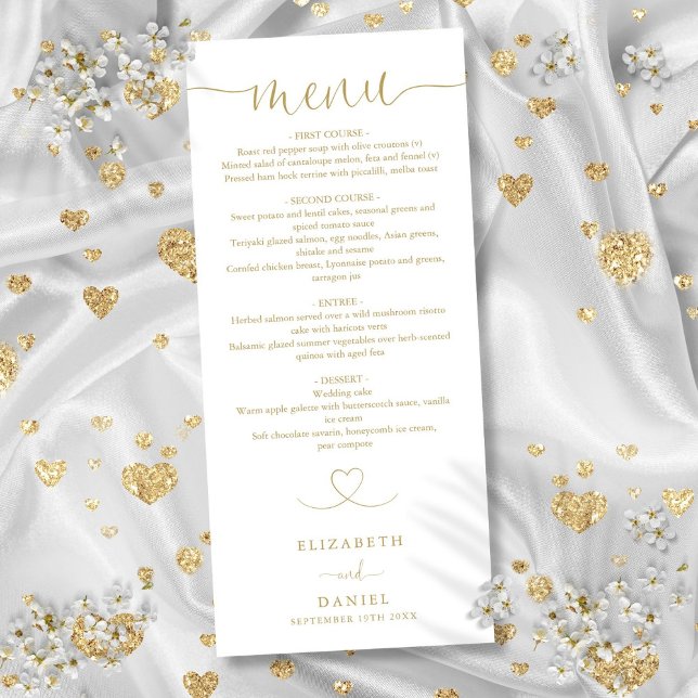 Menu Cardápio de Jantar de Casamento com Coração de Our (Elegant Gold Heart Script Wedding Dinner Menu)