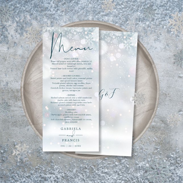 Menu Cardápio de Jantar de Casamento com Neve no Invern (Winter Wonderland Snow Wedding Dinner Menu)