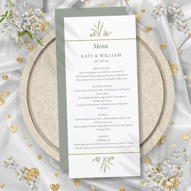 Menu Cardápio de Jantar de Casamento com Vegetação em A (Watercolor Greenery Eucalyptus Wedding Dinner Menu)