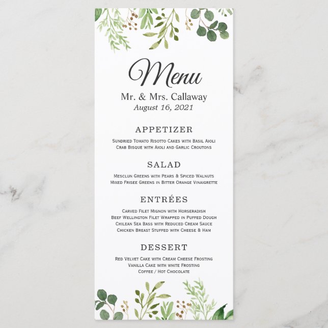 Menu Cardápio de Jantar de Casamento com Verde de Eucal (Frente)