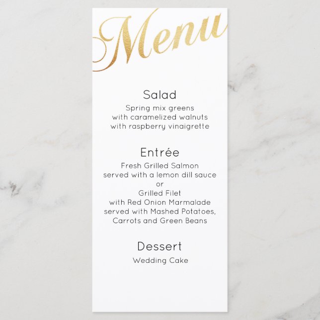 Menu Cardápio de jantar de casamento em ouro. Decoração (Frente)