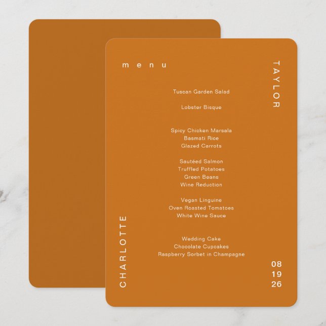 Menu Cardápio de Jantar de Casamento Laranja Queimado S (Frente/Verso)