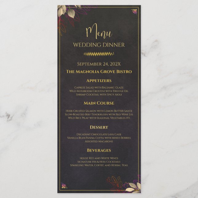 Menu Cardápio de Jantar de Casamento Moderno Preto e Do (Frente)