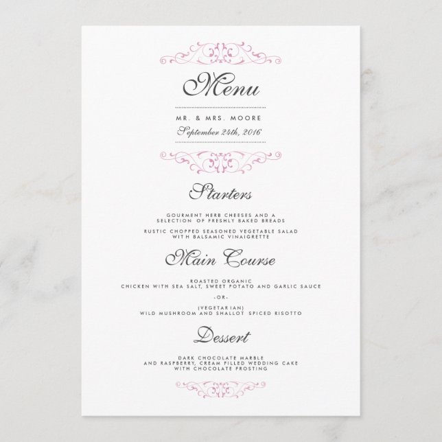 Menu Cardápio de Jantar de Casamento Rosa Elegante com  (Frente)