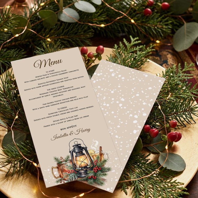Menu Cardápio de Jantar de Ensaios de Lanterna de Inver (Winter Menu with Cozy Lantern, Warm Drinks and Snow Flurry by Darling & May)