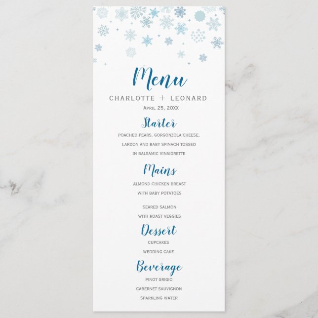 Menu Cardápio de Jantar de Inverno Snowflakes (Frente)