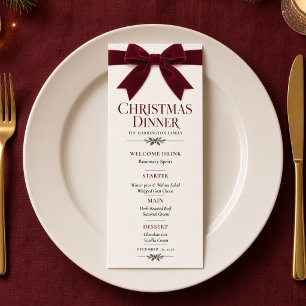Menu Cardápio de Jantar de Natal com Laço de Veludo Bor