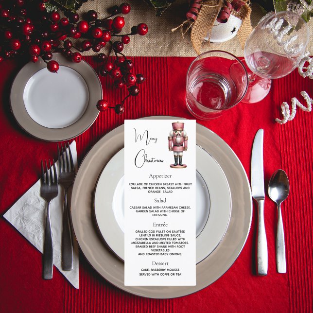 Menu cardápio de jantar de Natal com quebra-nozes rosa (Criador carregado)