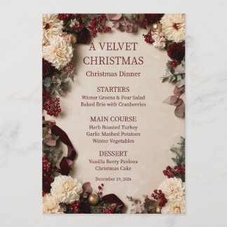 Menu Cardápio de Jantar de Natal em Veludo Burgundy Dah