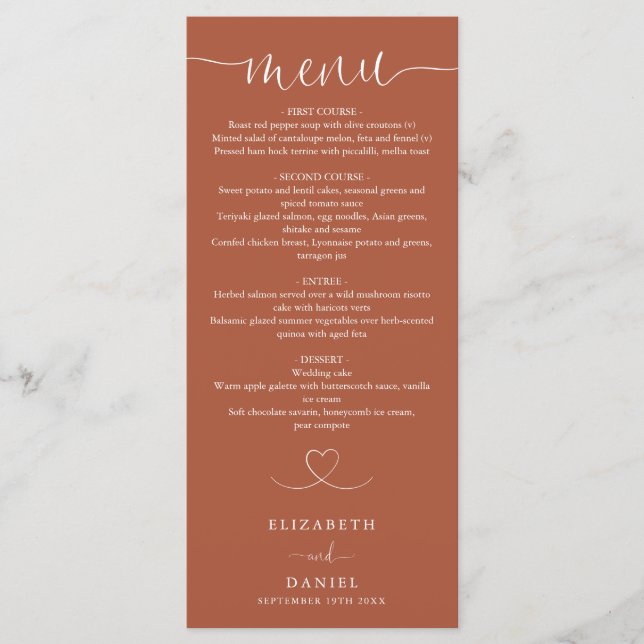 Menu Cardápio de Jantar de Noiva com Coração de Terraco (Frente)