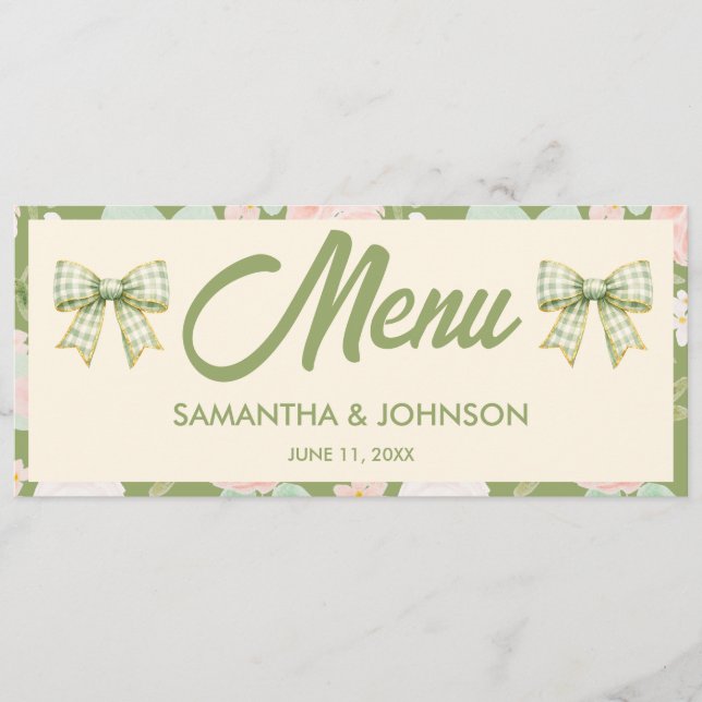 Menu Cardápio de Jantar de Noiva com Laço Xadrez Verde  (Frente)