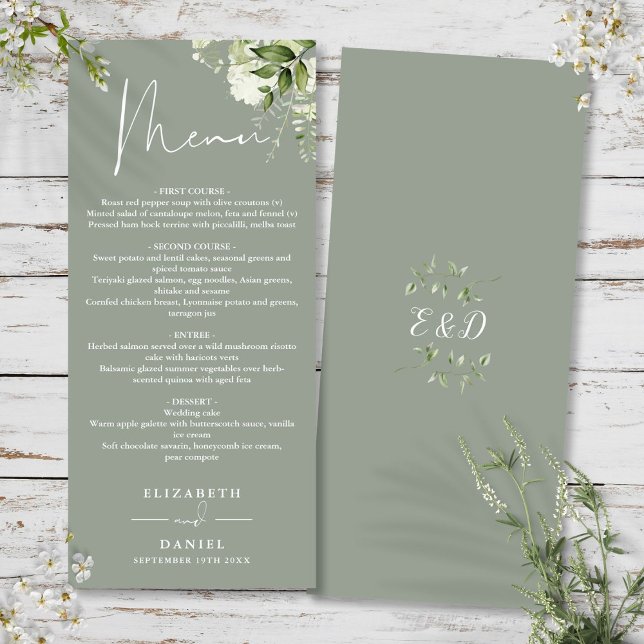 Menu Cardápio de Jantar de Noiva com Monograma de Flore (Sage Green Floral Greenery Monogram Wedding Dinner Menu)