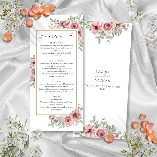 Menu Cardápio de Jantar de Noivado em Rosa Poeira Doura (Floral Dusty Rose Gold Wedding Dinner Menu)