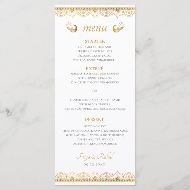 Menu Cardápio de Jantar de Noivado no Estilo Ouro India (Frente)